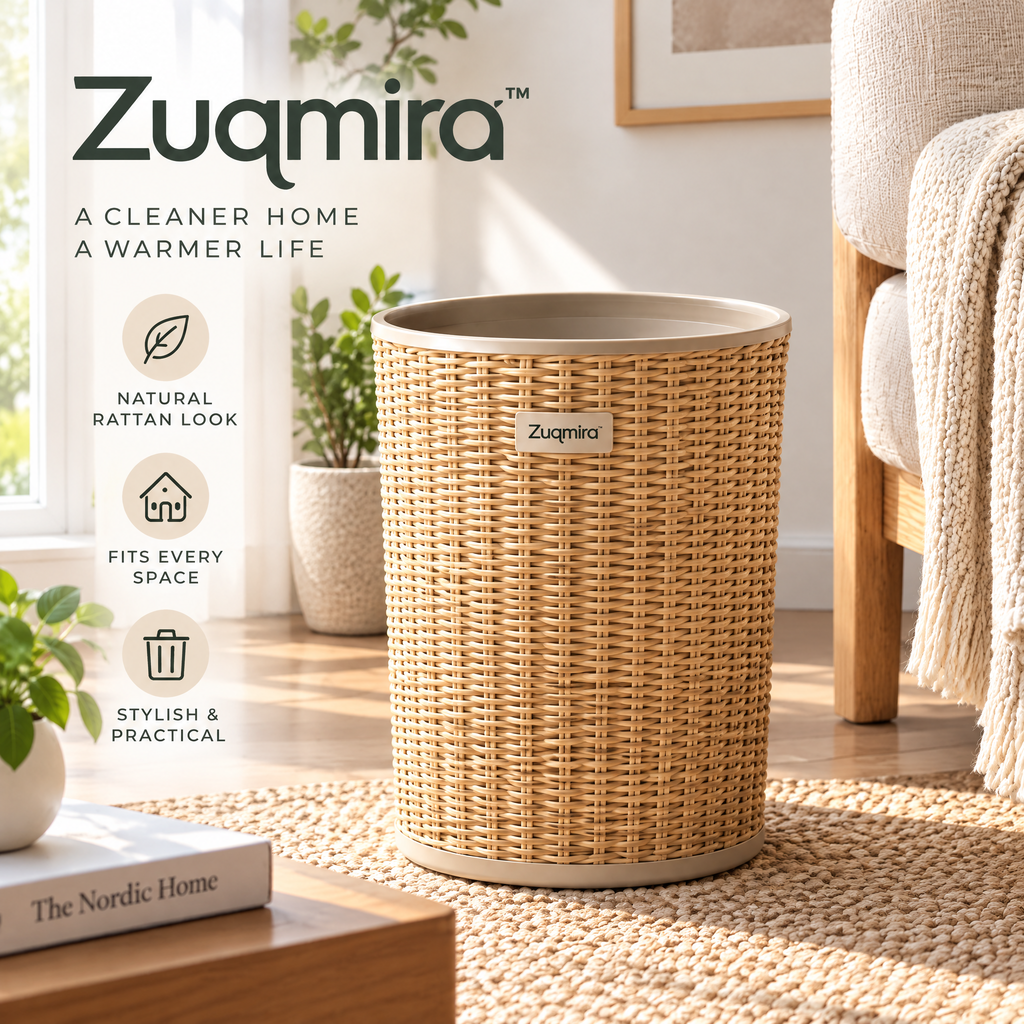 Zuqmira™ Round Woven Trash Can – Decorative Natural Rattan-Style Wastebasket for Living Room, Bedroom, Bathroom &amp; Office