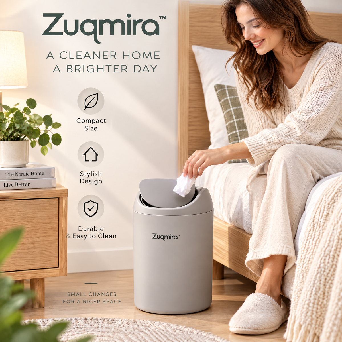 Zuqmira™ Compact Swing-Top Trash Can – Modern Small Wastebasket for Bedroom, Bathroom, Office &amp; Beside Nightstand (Matte Grey)