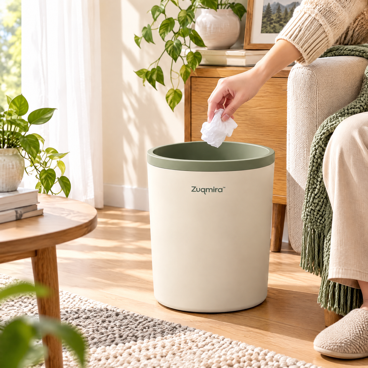 Zuqmira™ Modern Nordic Trash Can – Minimalist Round Wastebasket for Bathroom, Bedroom, Living Room &amp; Home Office (Cream &amp; Sage Green)