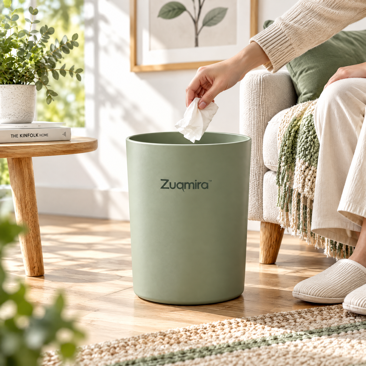 Zuqmira™ Modern Small Trash Can – Minimalist Matte Sage Green Open-Top Wastebasket for Bathroom, Bedroom, Living Room, and Home Office