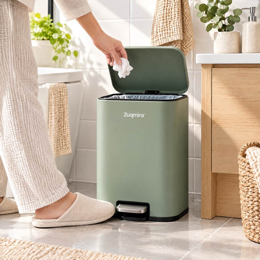 Zuqmira™ Small Step Trash Can with Soft-Close Lid, Matte Sage Green Rectangular Wastebasket with Foot Pedal for Bathroom, Bedroom, and Office