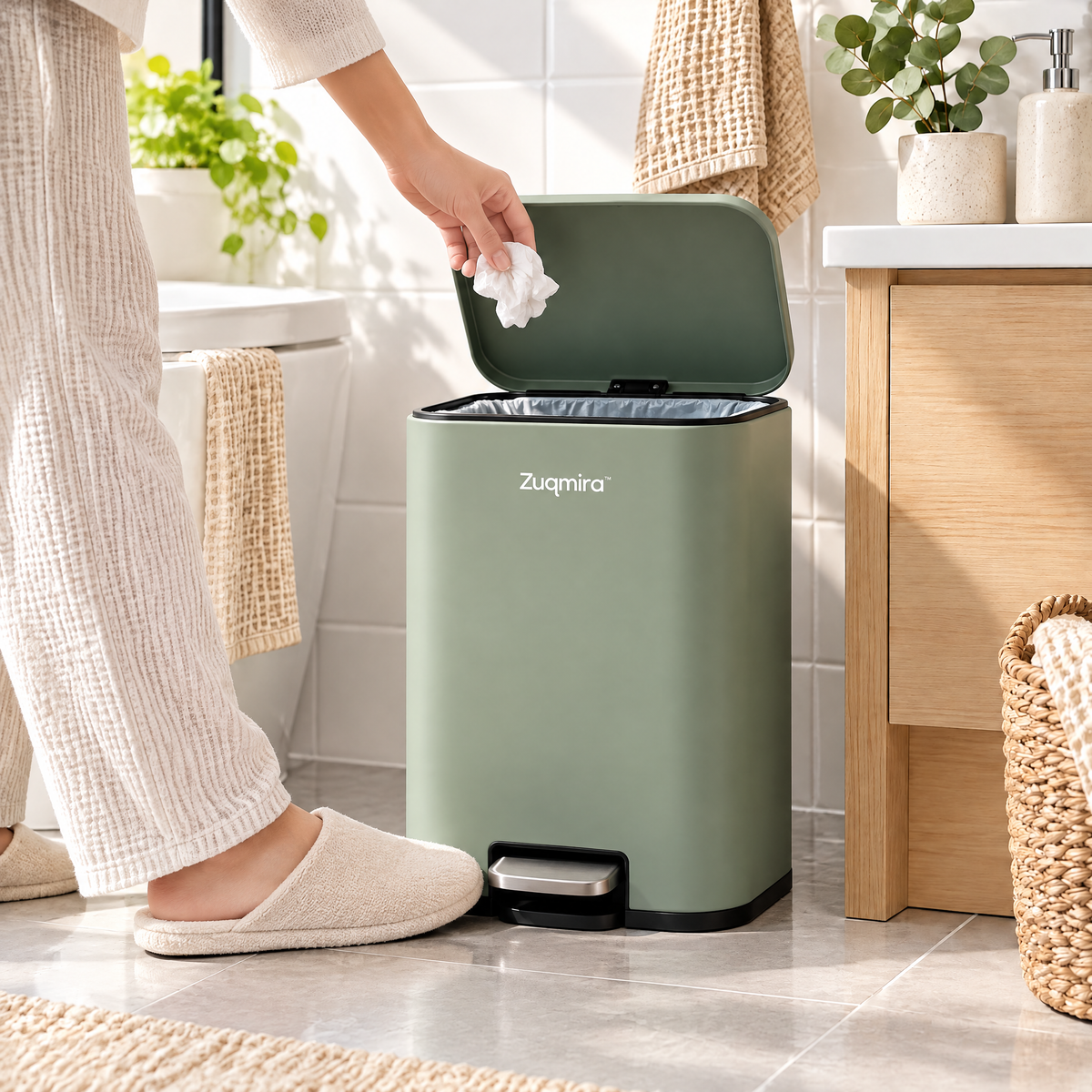 Zuqmira™ Small Step Trash Can with Soft-Close Lid, Matte Sage Green Rectangular Wastebasket with Foot Pedal for Bathroom, Bedroom, and Office