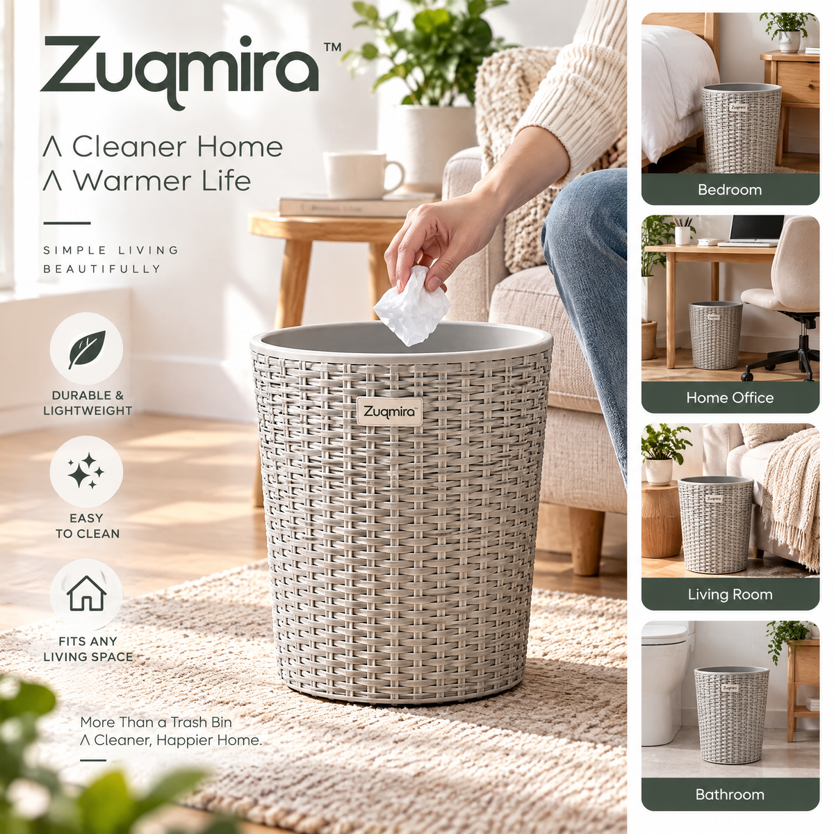 Zuqmira™ Modern Woven Style Plastic Wastebasket – Lightweight &amp; Easy-to-Clean Trash Can for Bathroom, Bedroom, and Home Office (Grey)
