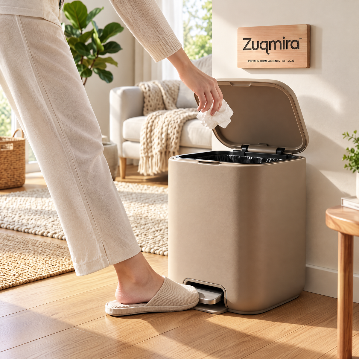 Zuqmira™ 2.6-Gallon (10L) Matte Soft-Close Step Trash Can with Foot Pedal – Odor-Control Modern Small Garbage Bin for Bathroom, Living Room &amp; Home Office (Warm Taupe)