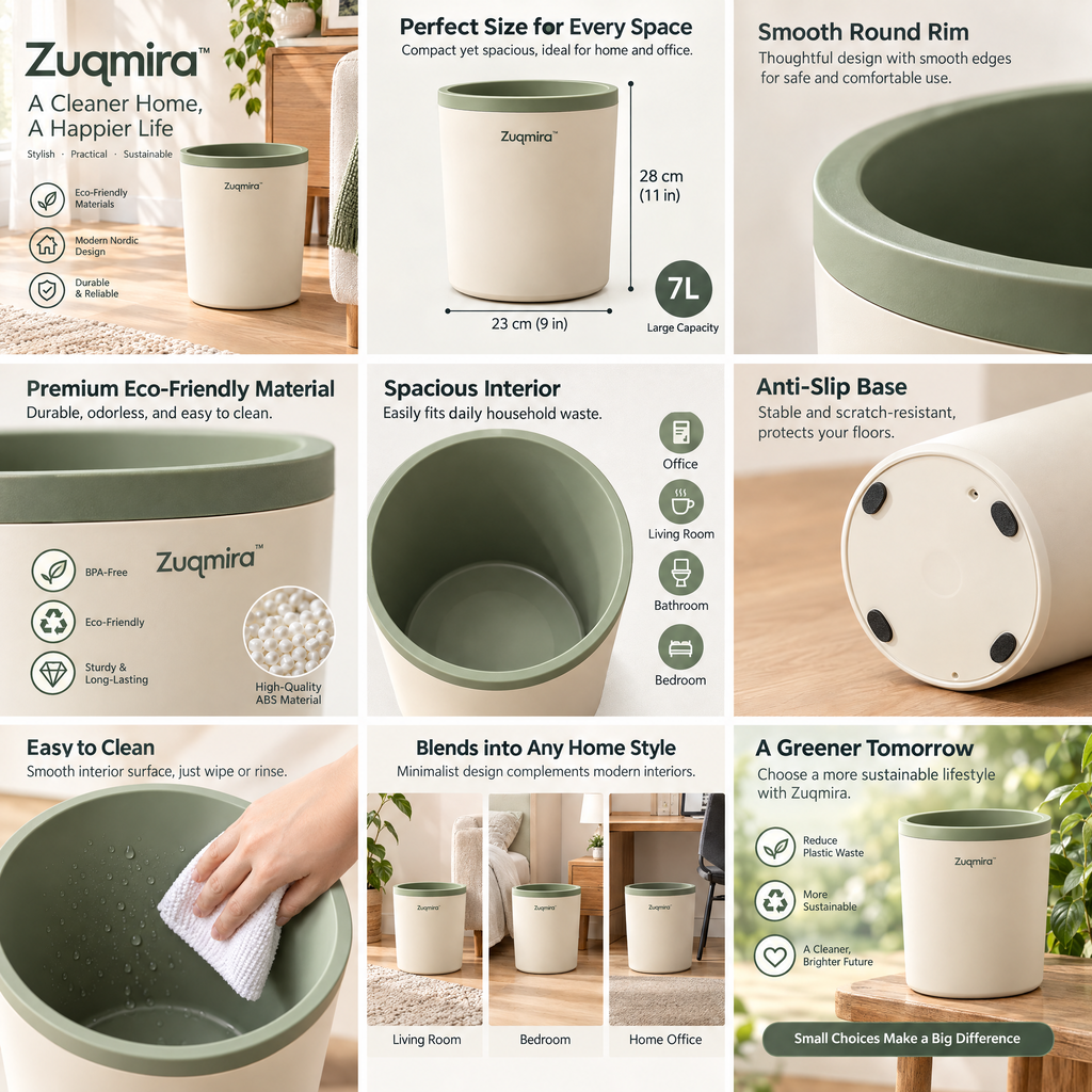 Zuqmira™ Modern Nordic Trash Can – Minimalist Round Wastebasket for Bathroom, Bedroom, Living Room &amp; Home Office (Cream &amp; Sage Green)