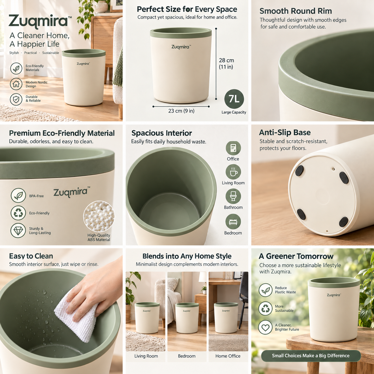 Zuqmira™ Modern Nordic Trash Can – Minimalist Round Wastebasket for Bathroom, Bedroom, Living Room &amp; Home Office (Cream &amp; Sage Green)